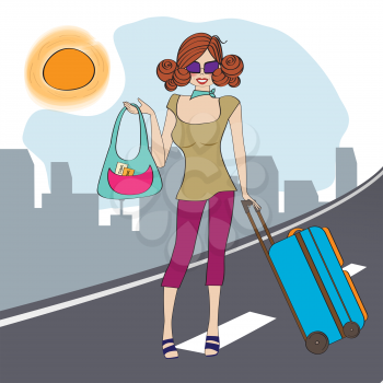  young  woman with suitcase, illustration in vector format