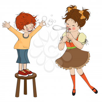 Boy and girl playing with soap bubbles, vector illustration