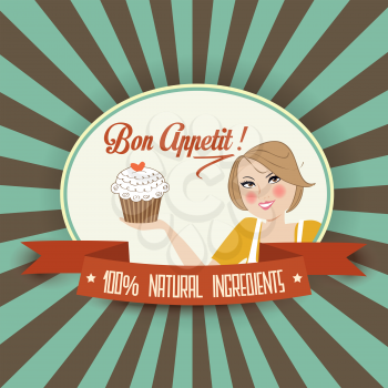 retro wife illustration with bon appetit message, vector format