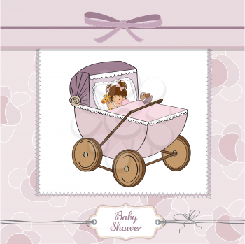 baby girl shower card with retro strolller, vector illustration