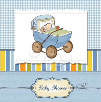baby boy shower card with retro strolller, vector illustration