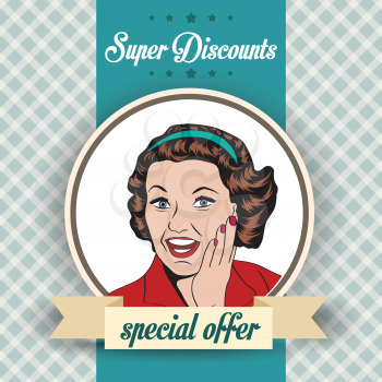 happy woman with message, commercial retro clipart illustration