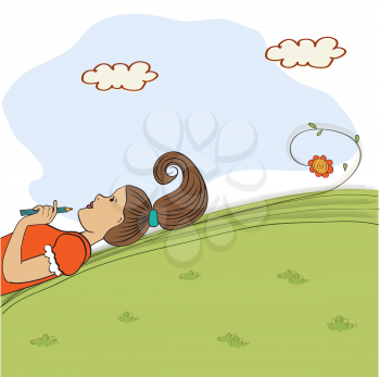 bored young girl lying on grass, vector illustration