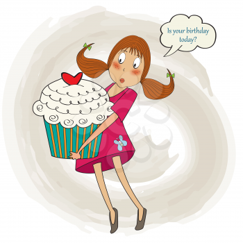young pretty girl who carries a big cake, birthday greeting card, vector illustration
