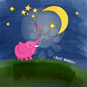 cute pink elephant with a bouquet of stars, vector illustration