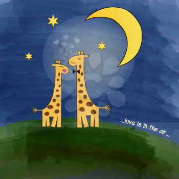giraffes in love at night on a meadow, vector illustration