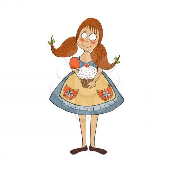 funny girl with birthday cake, vector illustration