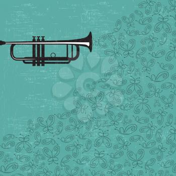 Music background with trumpet and butterflies, vector illustration