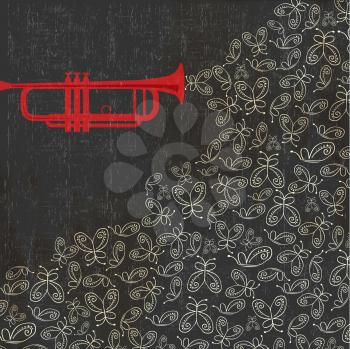 Music background with trumpet and butterflies, vector illustration