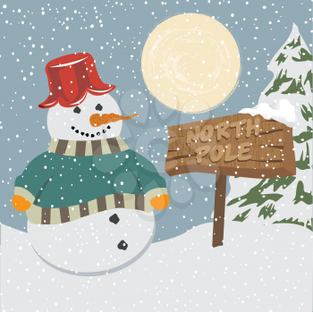 Vintage christmas poster with snowman, vector illustration