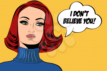 pop art cute retro woman in comics style with message, vector illustration