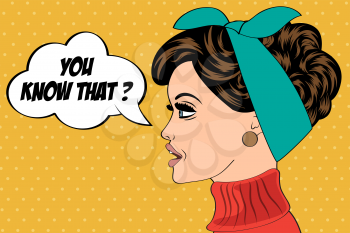 pop art cute retro woman in comics style with message, vector illustration