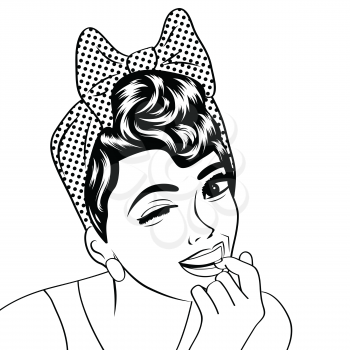 pop art cute retro woman in comics style in black and white, vector illustration