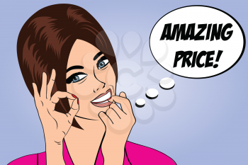 pop art cute retro woman in comics style with message amazing price, vector illustration
