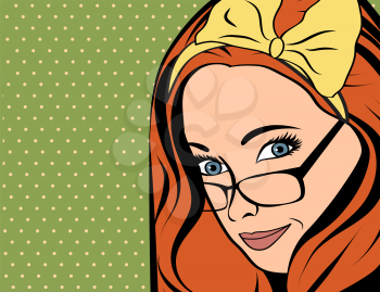 Pop Art vector illustration of girl with red hair. Pop Art girl. Vintage advertising poster.Comic woman with eyeglasses