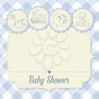 baby boy shower card with retro toys, vector illustration