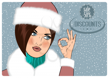 Sexy, beautiful woman in the winter announcing sale discounts, vector eps10