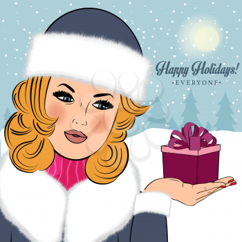 Sexy, beautiful woman in the winter wishing Happy Holidays, vector eps10