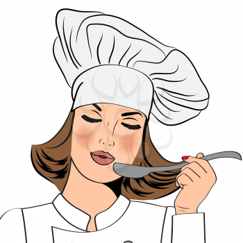 Sexy chef woman in uniform taste the food, vector format