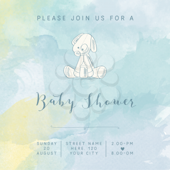 watercolor baby boy shower card with retro toy, vector illustration