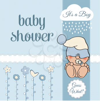 baby boy shower card with funny little baby, vector illustration