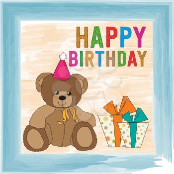 childish birthday card with teddy bear, vector format