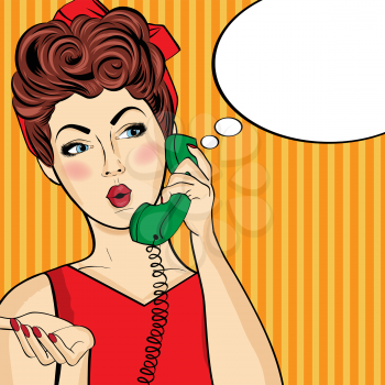 Pop art  woman chatting on retro phone  . Comic woman with speech bubble. Vector illustration.