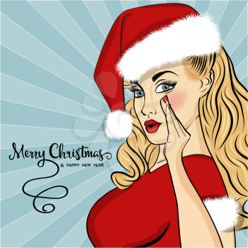 Pop art Santa girl. Pin up Santa girl.  Christmas card. Vector illustration