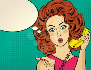 Surprised pop art woman chatting on retro phone . Comic woman with speech bubble. Pin up girl. Vector illustration.