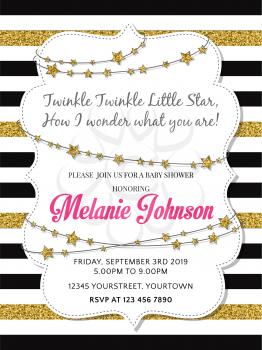 Lovely baby shower card template with golden glittering details, vector format