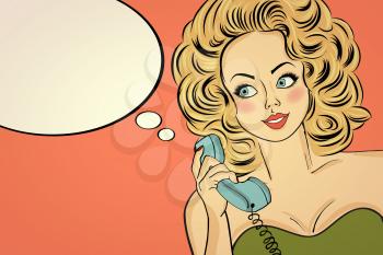 Sexy pop art woman in party dress talking on a retro phone and smile. Pin up girl. Vector illustration