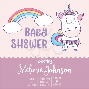 Beautiful baby shower card template with lovely baby girl unicorn, vector format