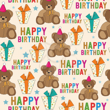 birthday seamless pattern with teddy bear and gifts, vector format