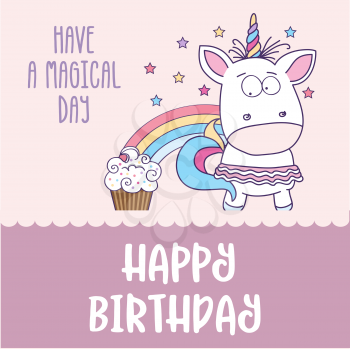 happy birthday card  with lovely baby girl unicorn, vector format