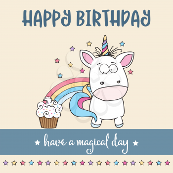 happy birthday card  with lovely baby unicorn, vector format