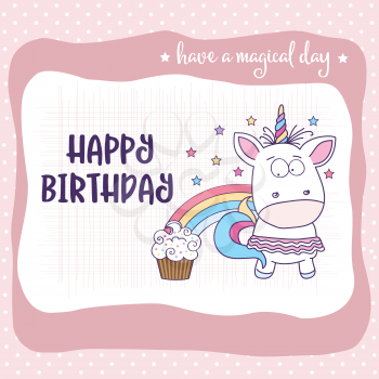 happy birthday card  with lovely baby girl unicorn, vector format