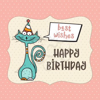 happy birthday card  with funny doodle cat, vector format