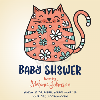 baby shower card template with fat doodle cat, vector format