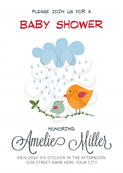 delicate customizable baby shower card template with birds, vector format