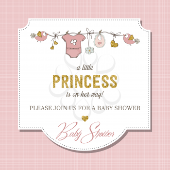 Beautiful baby shower card template with golden glittering details, vector format