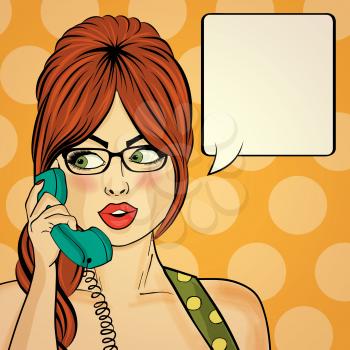 Surprised pop art woman chatting on retro phone . Comic woman with speech bubble. Pin up girl. Vector illustration.