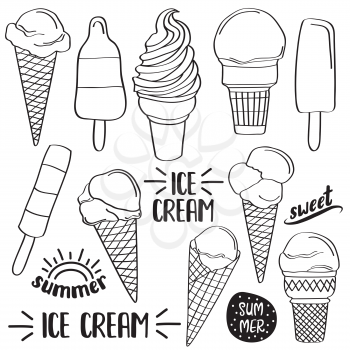 Doodle ice cream collection  isolated in black and white for coloring, vector