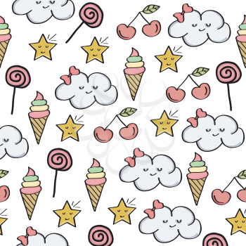 Doodle seamless pattern with magical sweets elements. Vector