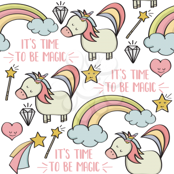 Doodle seamless pattern with unicorns and other fantasy magical elements. Vector