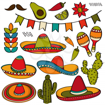 Doodle Mexico symbol collection  isolated on white  background, vector format