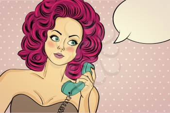 Sexy pop art woman in party dress talking on a retro phone and smile. Pin up girl. Vector illustration