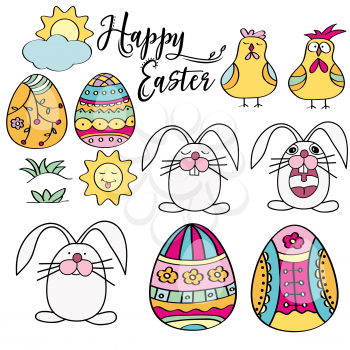 Hand drawn set of Easter design elements. Eggs, chicken, bunnyt, sun, clouds. Perfect for holiday decoration and spring greeting cards, Vector illustration , isolated on white