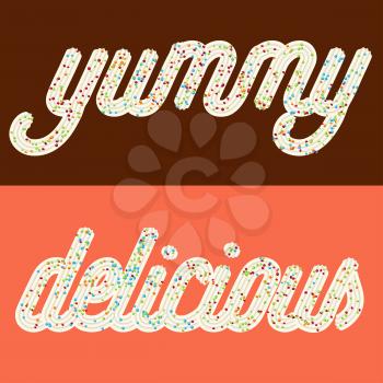 Tempting  typography. Icing text. Words delicious and yummy from whipped cream glazed with candy.Vector