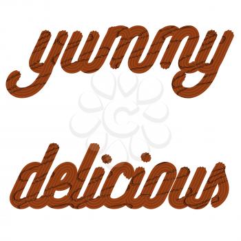 Tempting  typography. Icing text. Words delicious and yummy from chocolate cream glazed. Vector