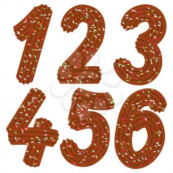 Tempting tipography. Font design. Icing letter. Sweet 3D numbers 1.2.3.4.5.6. of the chocolate cream and candy. Vector